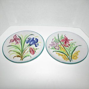 2 Hand Painted Italian Pottery Display Plates Decorative Floral  Cottagecore
